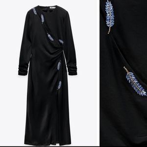 Zara Black Satin Cut Out Dress w/ Blue Jewels BNWT